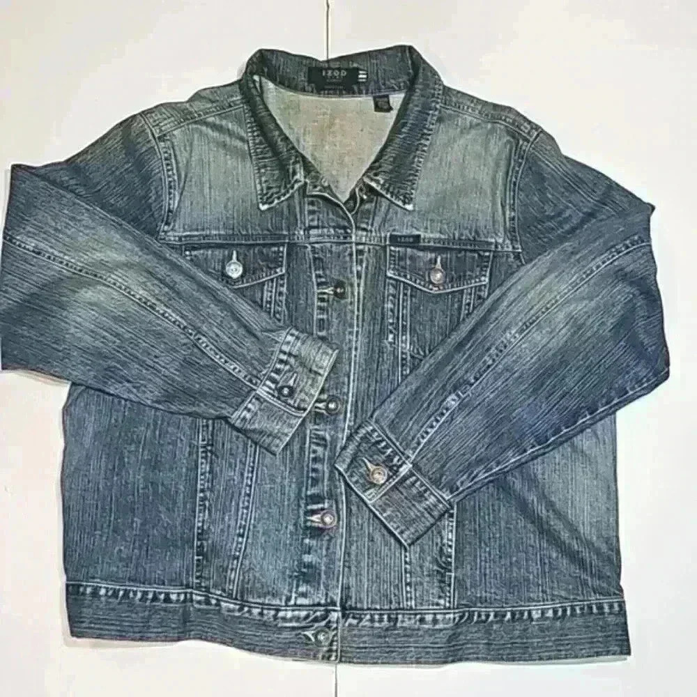 Izod women's jeans jacket sz 2X denim trucker button down casual blue Denim